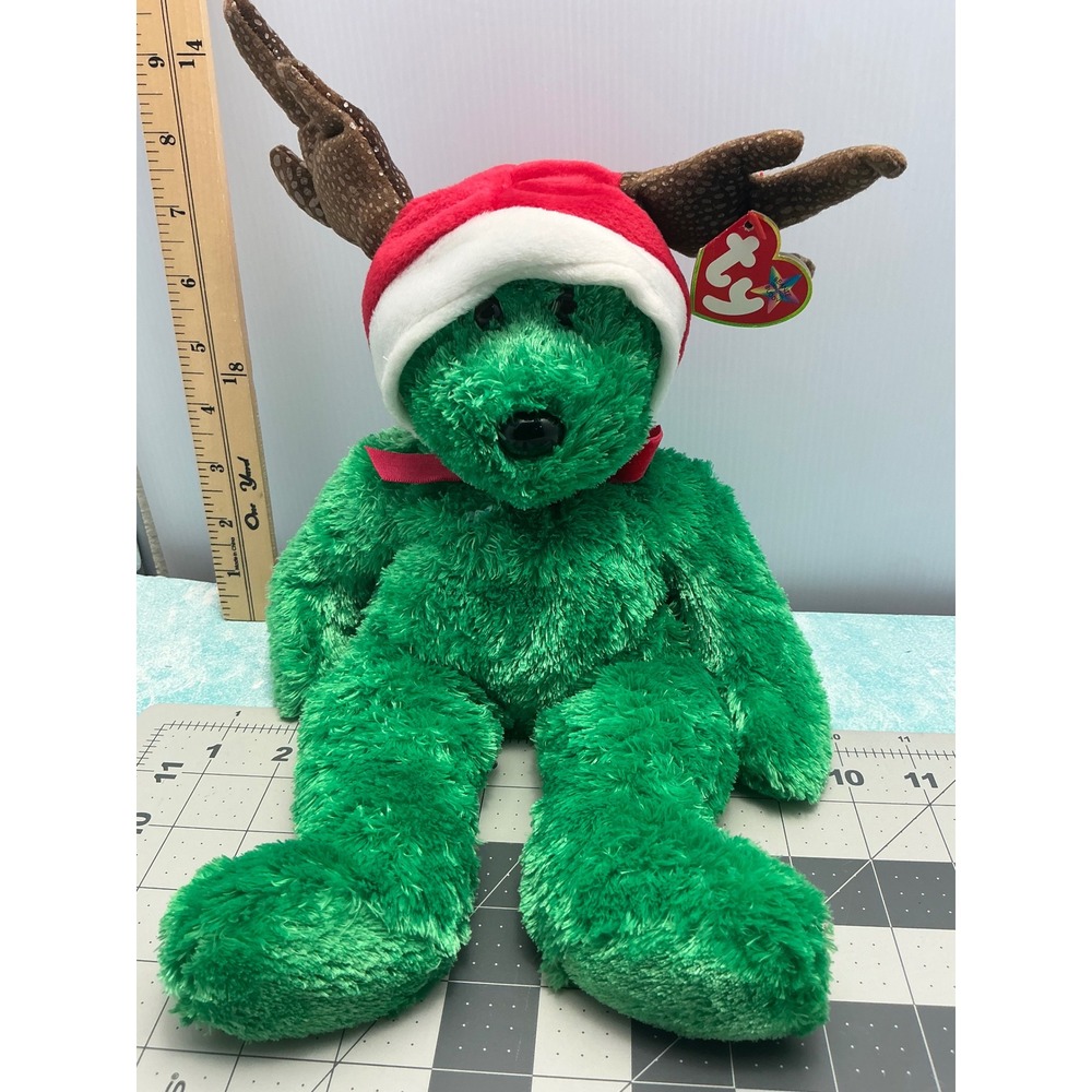 Ty Beanie Buddy Seasons the Bear Green Christmas Plush Santa Hat Antlers 2002‎